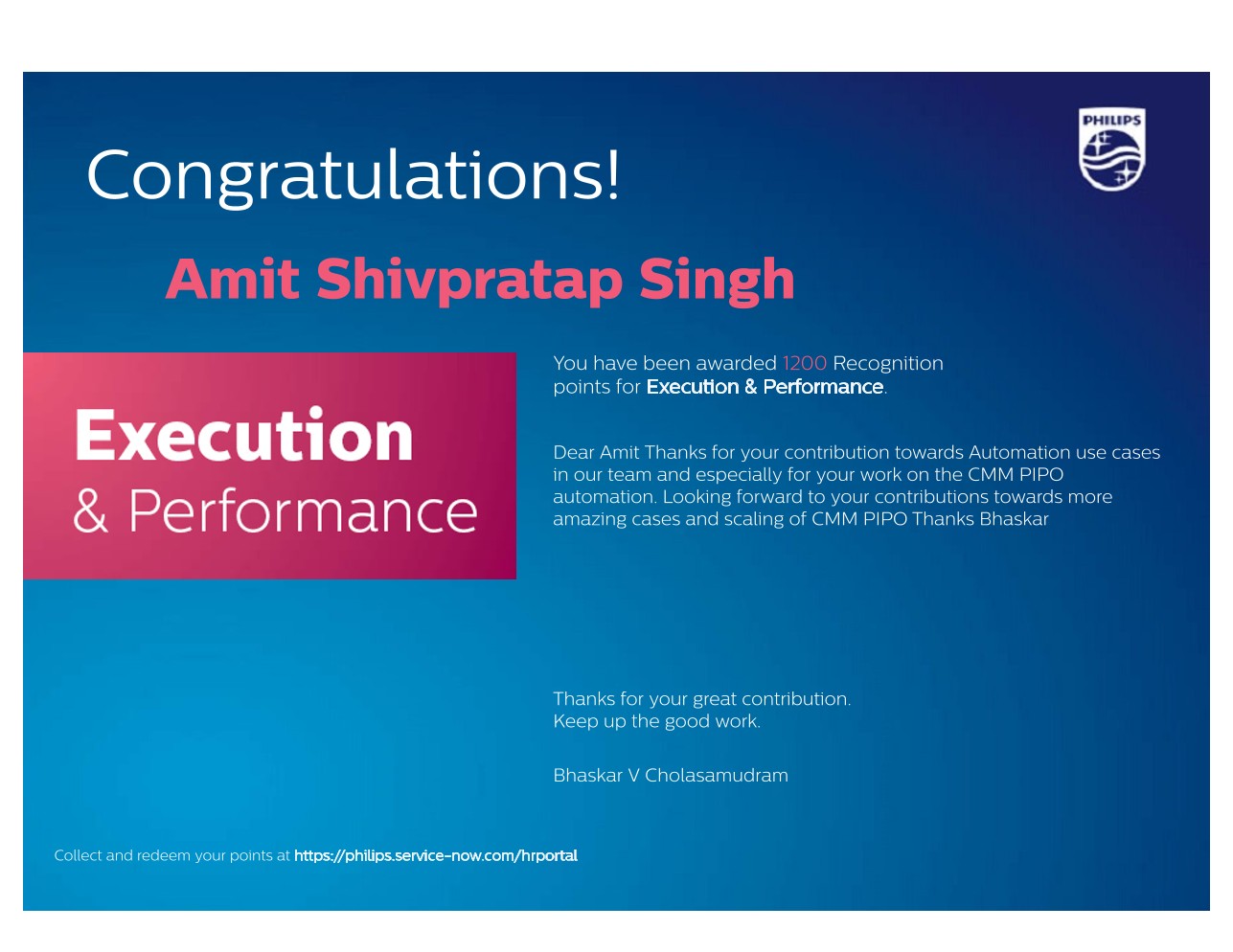 Manager Recognition Award certificate