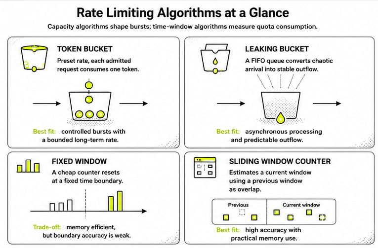 Four rate limiting algorithms compared side by side — token bucket, leaking bucket, fixed window and sliding window counter — with their best-fit use case.