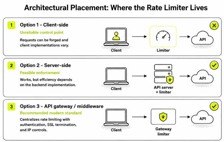Three placement options for a rate limiter — client-side, server-side and API gateway/middleware — with the gateway tier flagged as the recommended enforcement point.