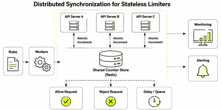 Multiple stateless API server instances synchronizing through a shared Redis counter store, with allow, reject and delay/queue outcomes feeding monitoring and alerting.